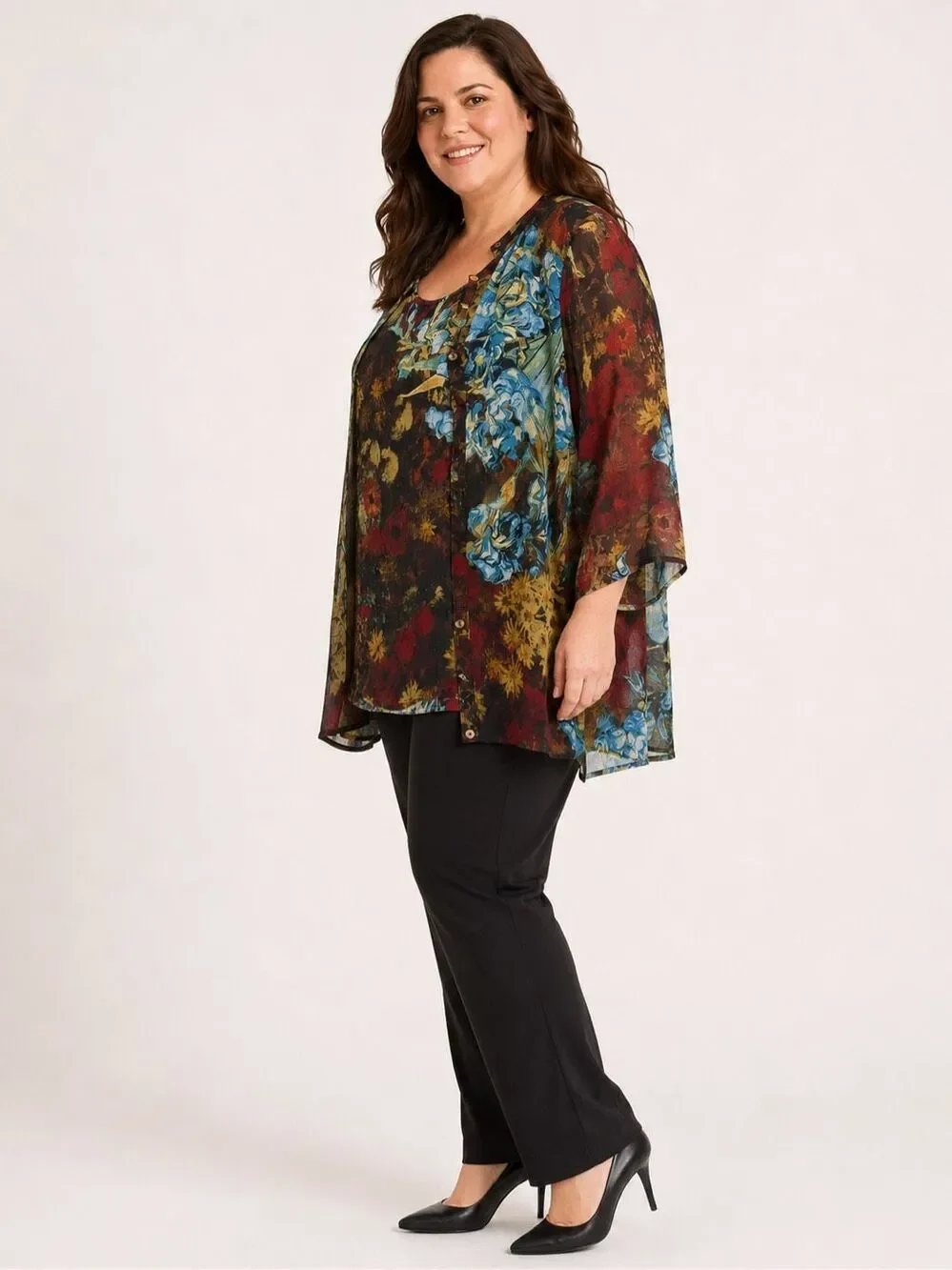 Citron Santa Monica 100% Silk Floral Two-Piece Tunic Jacket & Shell Set 3X